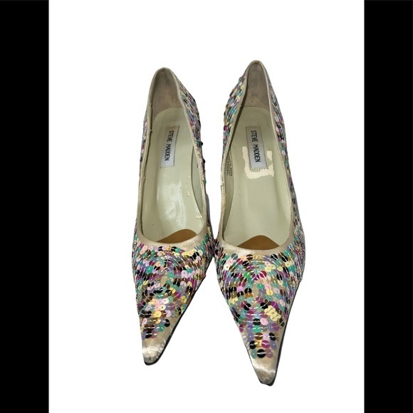 Steve Madden Mystikal Stiletto Heels 8.5 Satin Multi-Color Sequined Pointed Toe - Picture 4 of 13
